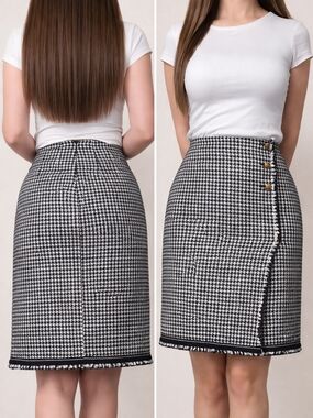Talbots Houndstooth Tweed Mini Skirt Sz 4 Fringe Hem Wrap Button Old Money